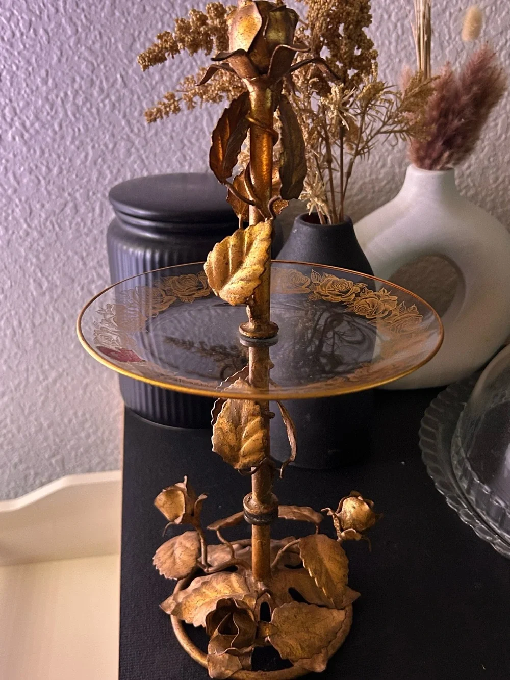 Vintage Italian Gold Guild Rose Pedestal Trinket Dish